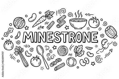 Minestrone ingredients pattern with vegetables and soup bowl illustration