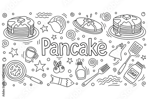 Pancake doodle art with syrup, berries, and kitchen utensils in black and white