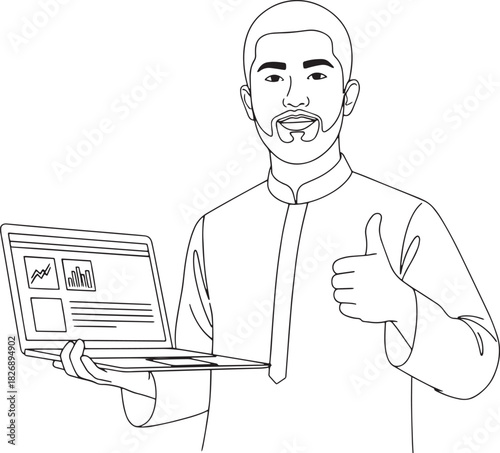 line art of a man holding a laptop and giving a thumbs-up gesture.