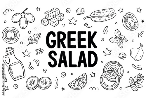 Greek salad ingredients: olives, lettuce, cucumber, onion, feta, dressing in doodle art