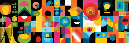 다채로운 기하학적 패턴과 추상적인 모양이 어우러진 현대적인 디자인의 배경