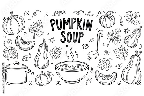 Pumpkin soup illustration with autumn leaves and vegetables
