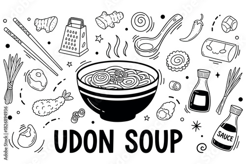Udon soup ingredients and traditional japanese noodle bowl design