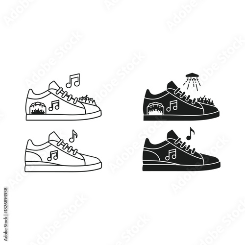 Creative illustration of sneakers with musical notes and sound waves integrated into the design