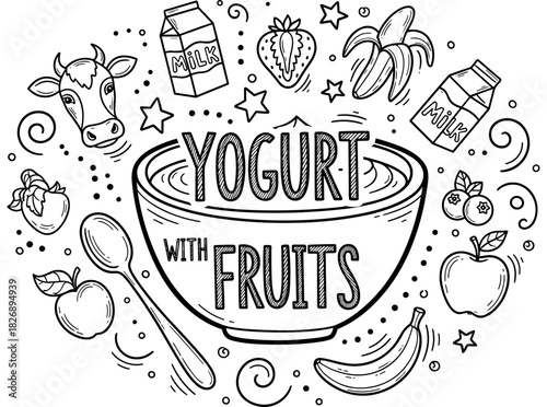 Delicious yogurt with fruits and milk illustration in black and white