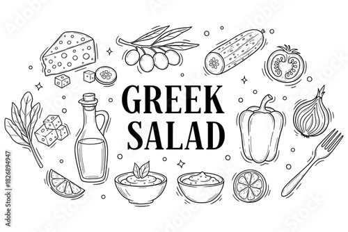 Greek salad ingredients illustration: cheese, olives, vegetables, and dressing