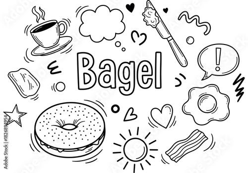 Hand-drawn breakfast doodles: coffee, bagel, bacon, eggs, and more