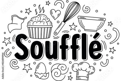 Whimsical soufflé design with baking utensils and ingredients in black and white