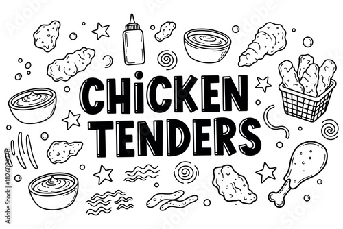Chicken tenders illustration with dipping sauces and nuggets