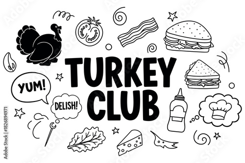Illustrated turkey club sandwich elements in black and white