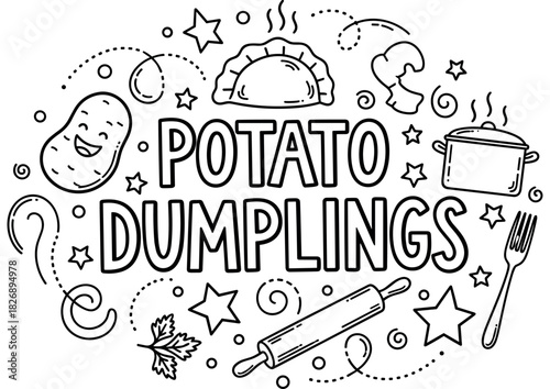Potato dumplings illustration with cooking utensils and ingredients