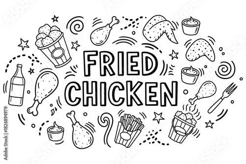Fried chicken feast: wings, drumsticks, fries, and sauces in fun doodle style