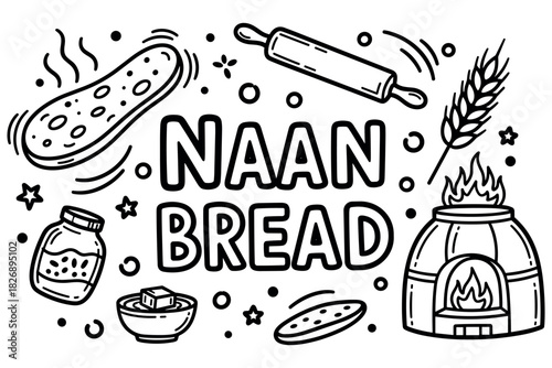 Black and white illustration of naan bread ingredients and tandoor oven