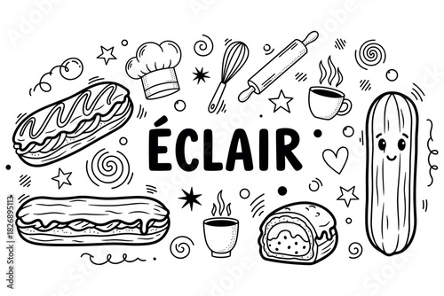 Cartoon eclair design with culinary elements: whisk, rolling pin, chef hat