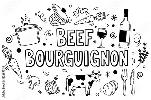 Beef bourguignon ingredients with wine and herbs illustration