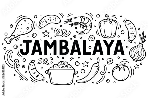Jambalaya ingredients: chicken, sausage, shrimp, peppers, rice, onions, spices illustrated