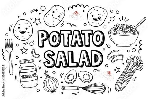 Fun potato salad doodle with ingredients and utensils in black and white