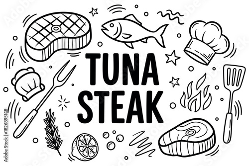 Tuna steak illustration with cooking tools and ingredients in black and white