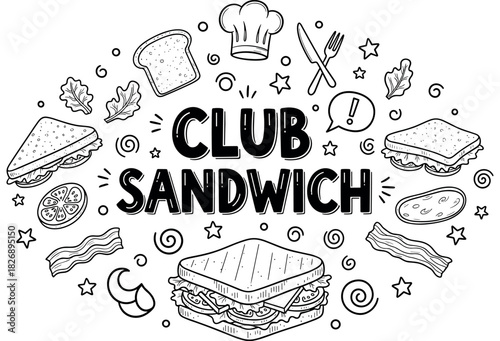 Club sandwich doodle with ingredients and utensils in black and white illustration