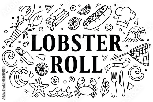 Lobster roll doodles with chef hat, seafood, and beach icons