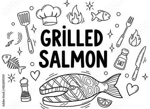 Hand-drawn grilled salmon with cooking utensils and spice elements