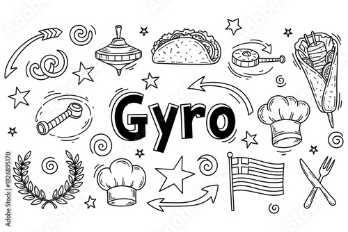 Black and white greek gyro doodle art with food elements