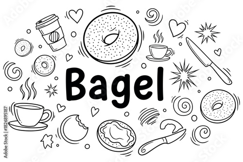 Bagel and coffee doodle art with breakfast items and fun patterns