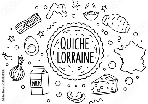 Quiche lorraine ingredients outline with milk, bacon, cheese, onion, france map