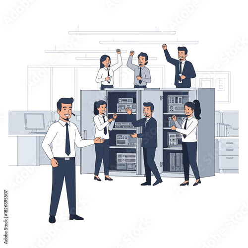 Illustrative depiction of IT professionals celebrating a successful server room installation in an office.