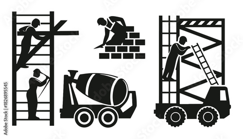 Black construction worker silhouettes and equipment on a white background