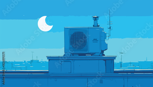 밤하늘 아래 옥상 에어컨 실외기, 달과 도시 풍경이 보이는 벡터 일러스트
