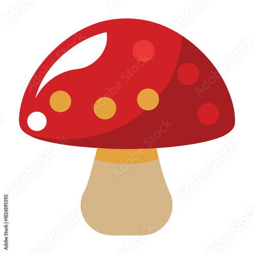 Red fly agaric mushroom, a toxic amanita fungus, isolated in nature with white spots and a green leaf