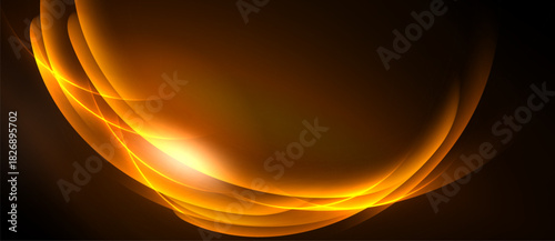 Abstract orange waves, bright center glow. Dark background creates dramatic visual impact. Smooth curves suggest motion, energy.