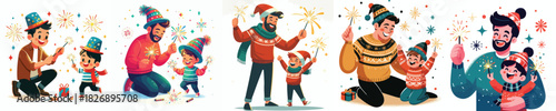 vector father and son playing fireworks new year celebration