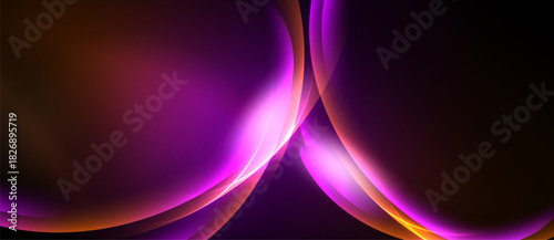 Abstract design features flowing curves, vibrant purple hues, orange accents. Dark background emphasizes luminous shapes, creating dynamic visual impact.