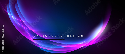 Abstract design features vibrant blue, purple light streaks. Smooth curves create dynamic visual effect. Dark background emphasizes luminosity.