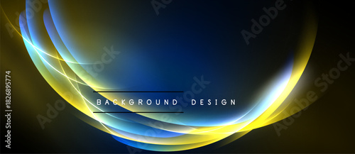 Abstract light waves create dynamic background. Blue, yellow hues blend, forming elegant curves. Text reads background design.