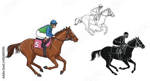 Horse racing illustration with jockey and different style renderings