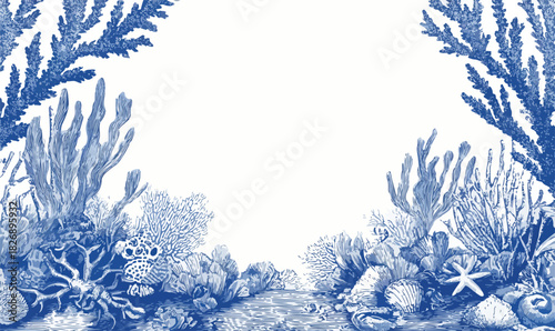 푸른 산호초와 해양 생물이 있는 아름다운 수중 풍경의 벡터 일러스트레이션