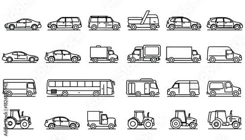 Line drawing of various vehicles including cars trucks and tractors
