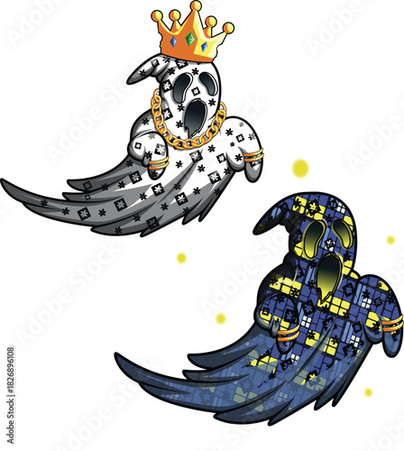 Two whimsical patterned ghosts with one wearing a royal crown.