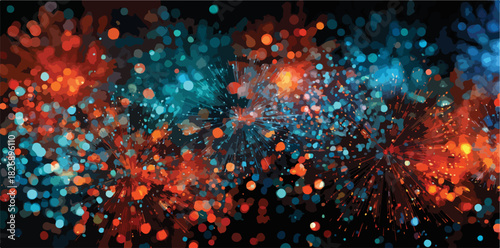 불꽃놀이와 같은 추상적인 배경, 빨강과 파랑의 폭발적인 에너지, 빛나는 입자가 흩날리는 모습