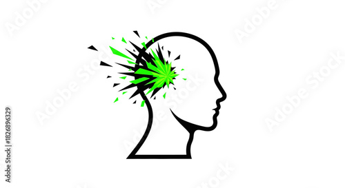A graphic shows a human head profile with a green and black burst from the temple, symbolizing a sudden idea, intense thought, or mental impact.