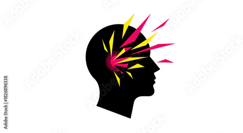 A striking abstract illustration depicts a human head silhouette with a burst of vibrant shards, symbolizing mental stress, creative ideas, or breakthrough.