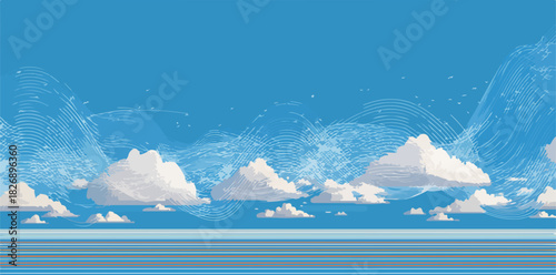 푸른 하늘에 떠 있는 구름과 수평선, 추상적인 파도 모양의 그래픽이 있는 벡터 배경