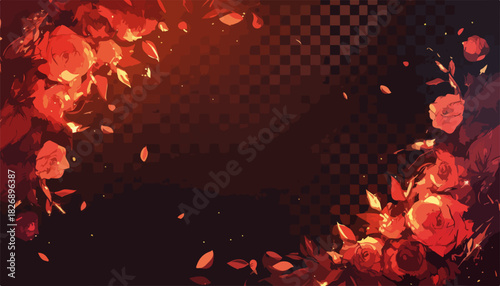 어두운 배경에 붉은 장미와 흩날리는 꽃잎들이 낭만적이고 아름다운 분위기를 연출하는 벡터 아트