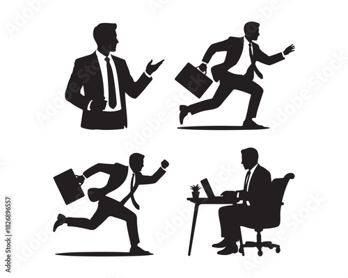 Businessman confident, meeting presenter, Run with brifecase, Sitting with laptop presentation Silhouette illustration Design set collection