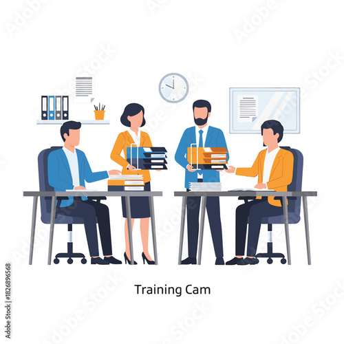 Office colleagues sharing and organizing documents, vector illustration for business training