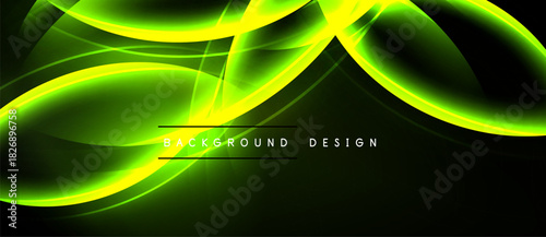 Dynamic green curves flow over dark background. Modern design evokes energy, movement, sleekness. Text reads background design.