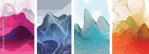 다채로운 색상의 산봉우리 추상화, 몽환적인 분위기의 현대적인 그래픽 디자인